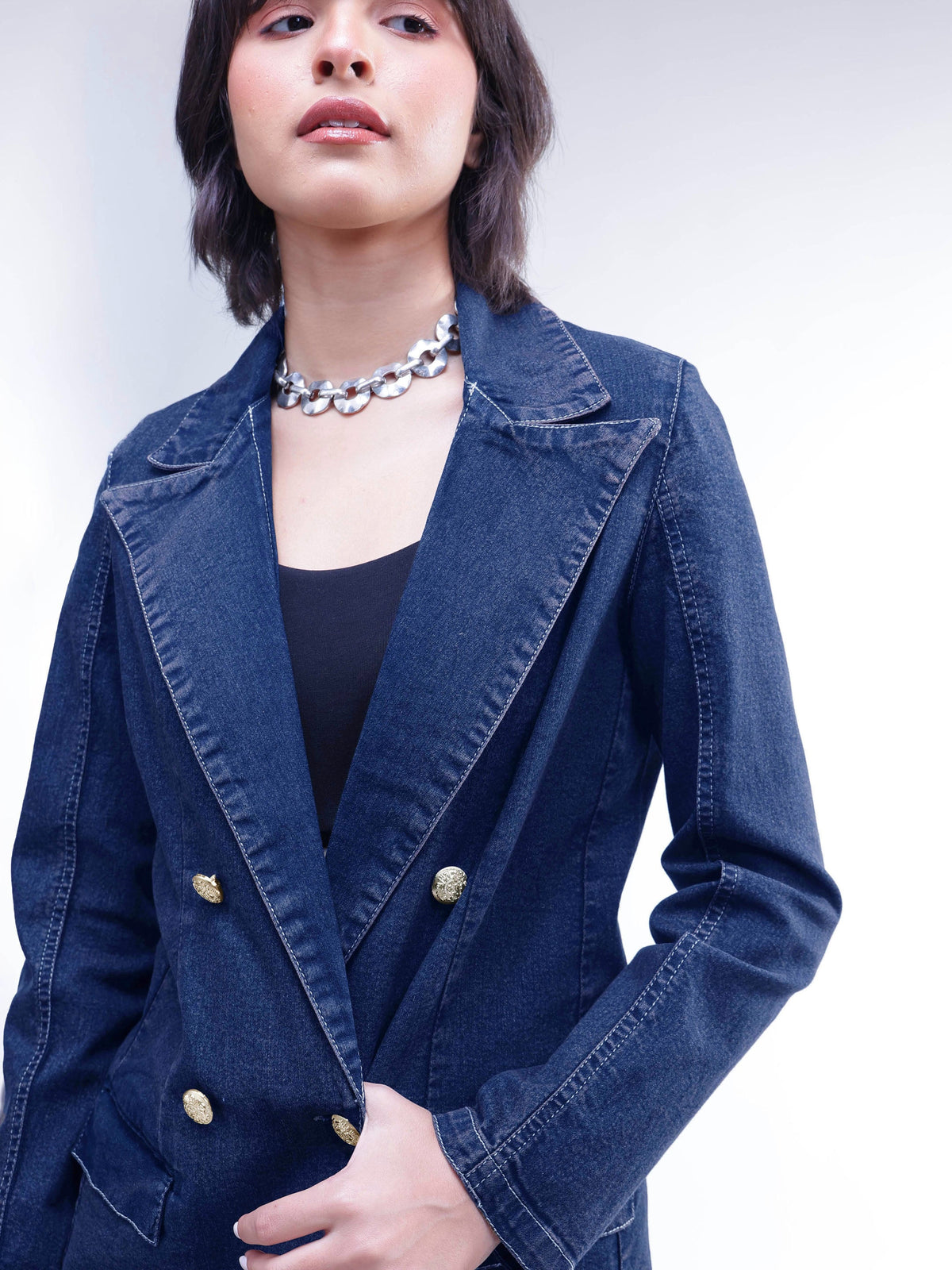 Navy Denim Notch Collar Oversize Blazer -SASSAFRAS