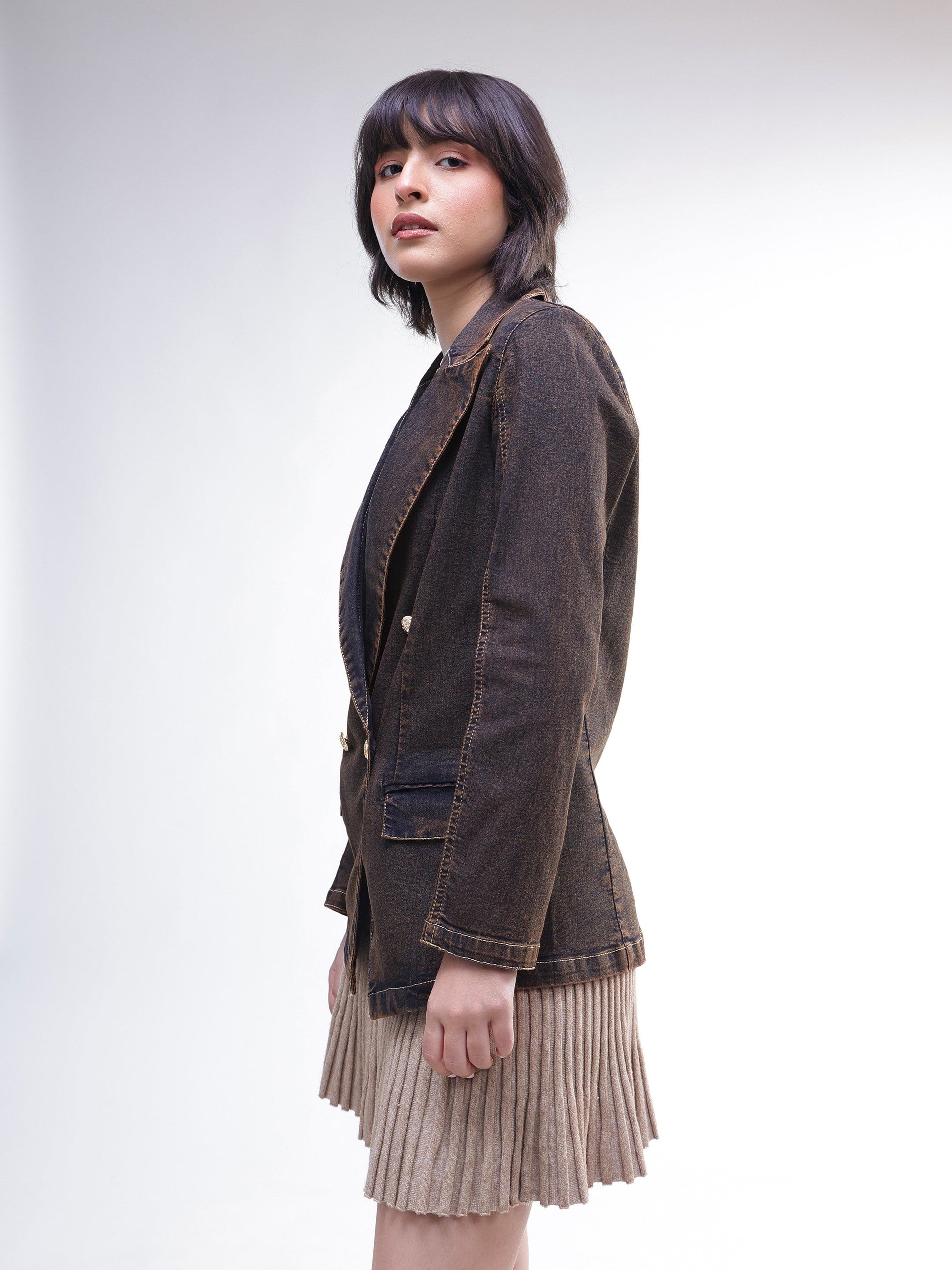 Navy With Green Acid Wash Notch Collar Oversize Blazer -SASSAFRAS