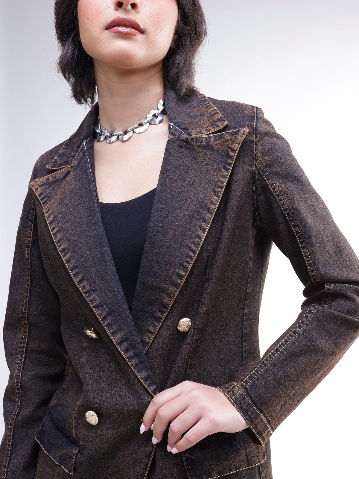 Navy With Green Acid Wash Notch Collar Oversize Blazer -SASSAFRAS