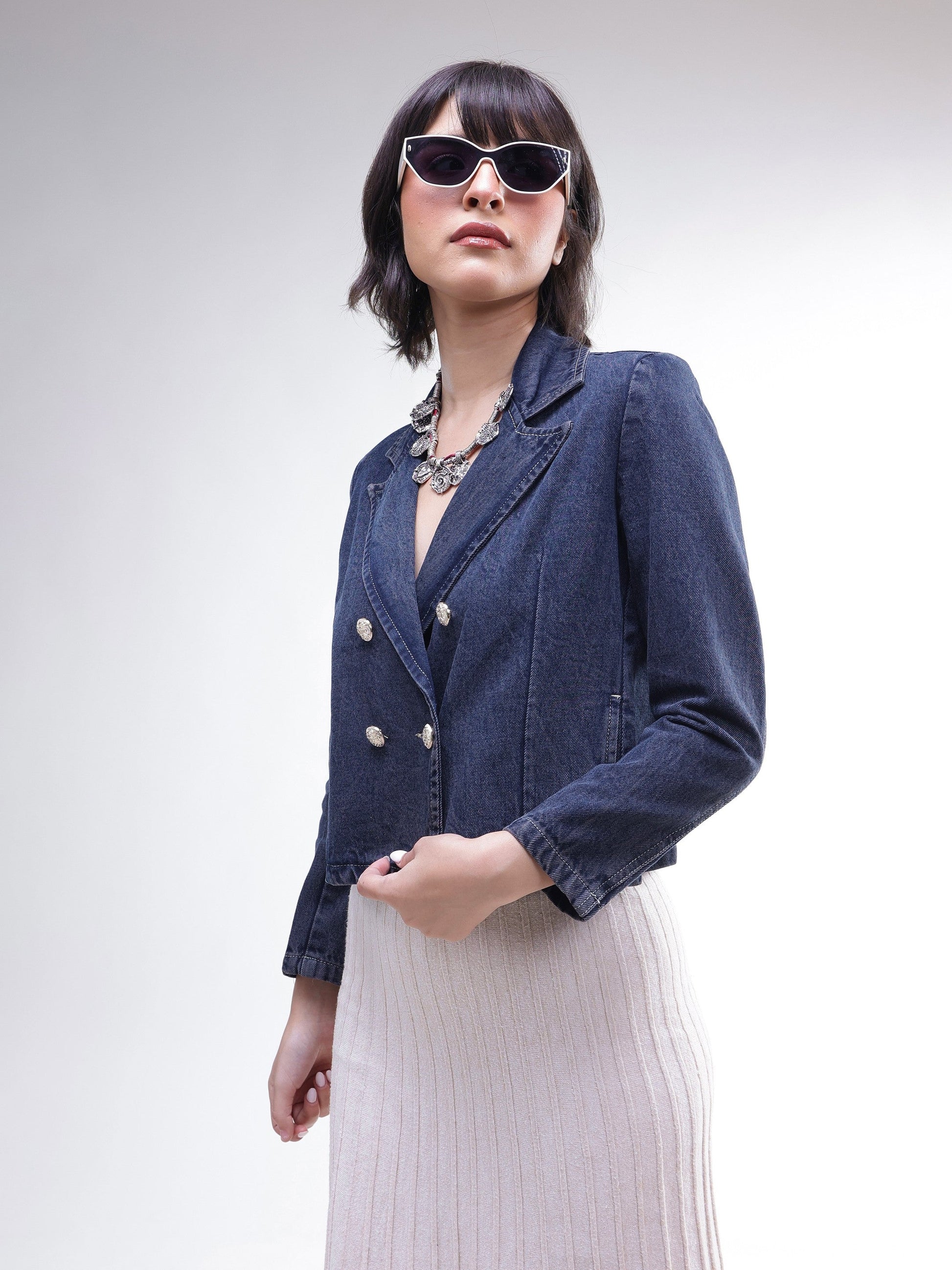 Blue Washed Denim Notch Collar Crop Blazer -SASSAFRAS