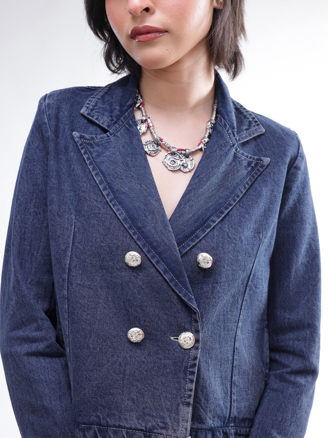 Blue Washed Denim Notch Collar Crop Blazer -SASSAFRAS
