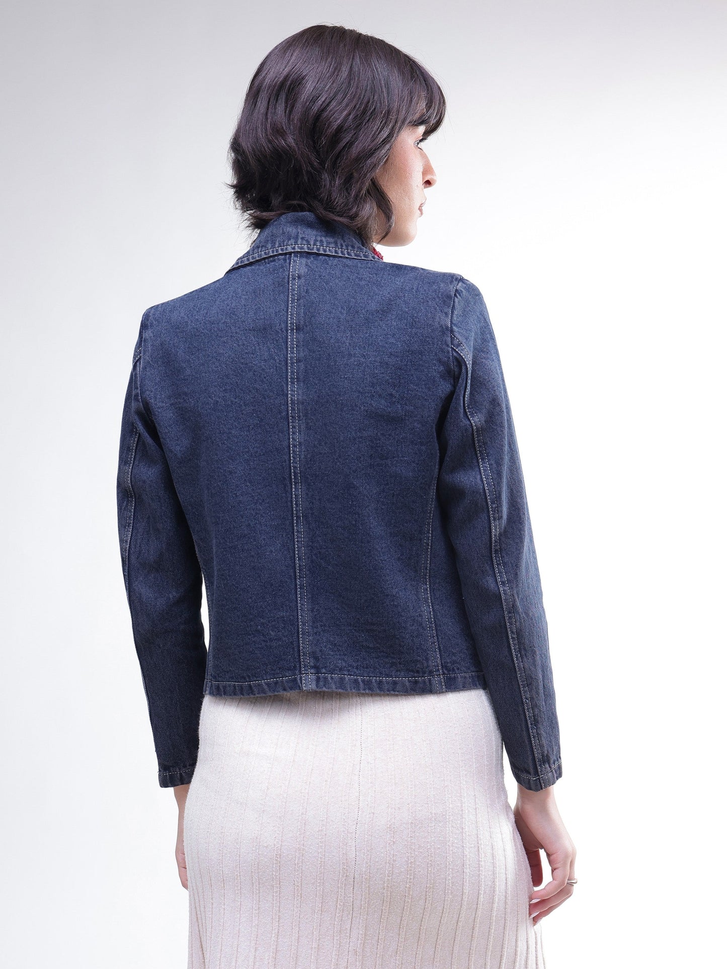 Blue Washed Denim Notch Collar Crop Blazer -SASSAFRAS