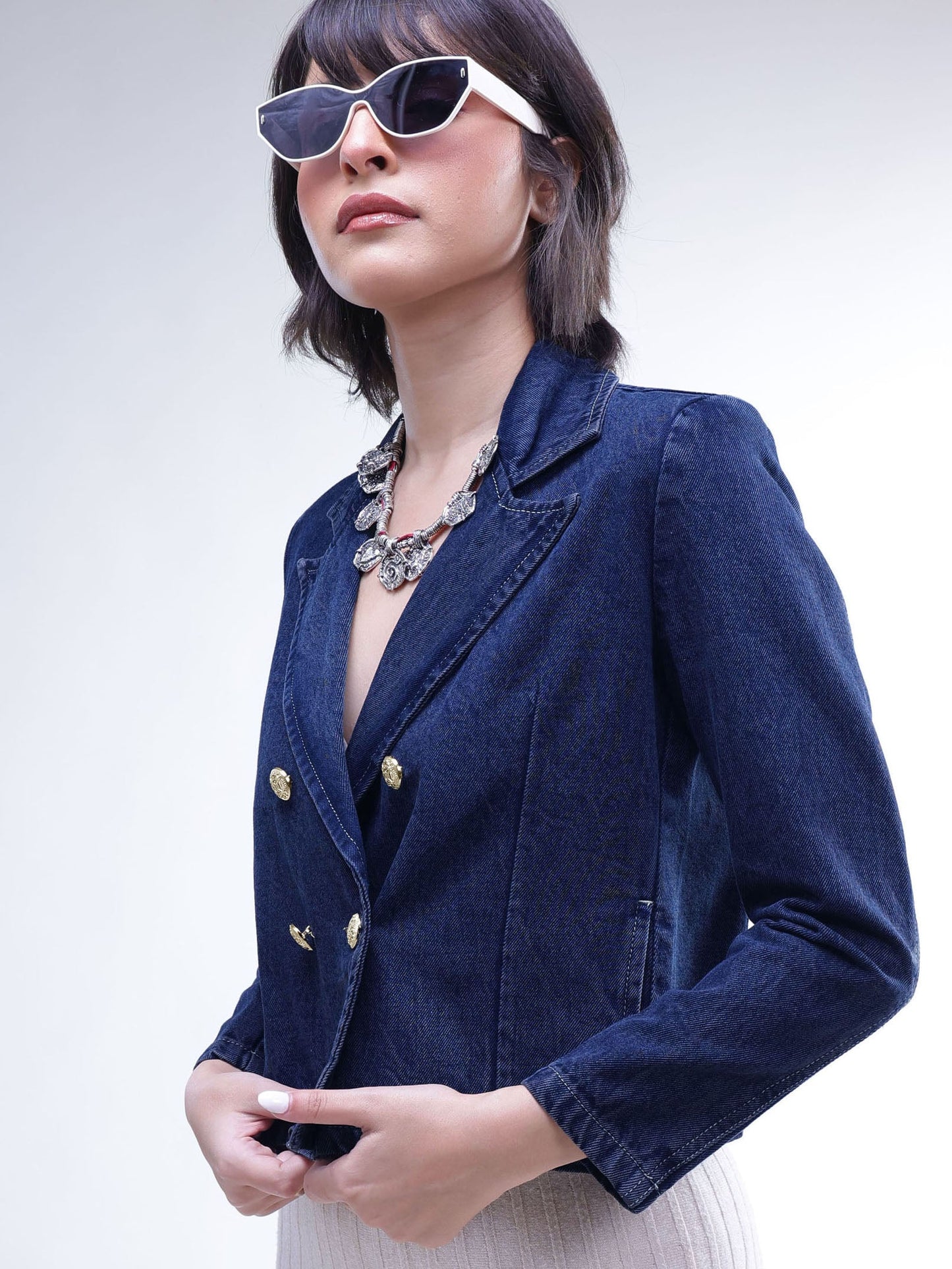 Navy Denim Notch Collar Crop Blazer -SASSAFRAS