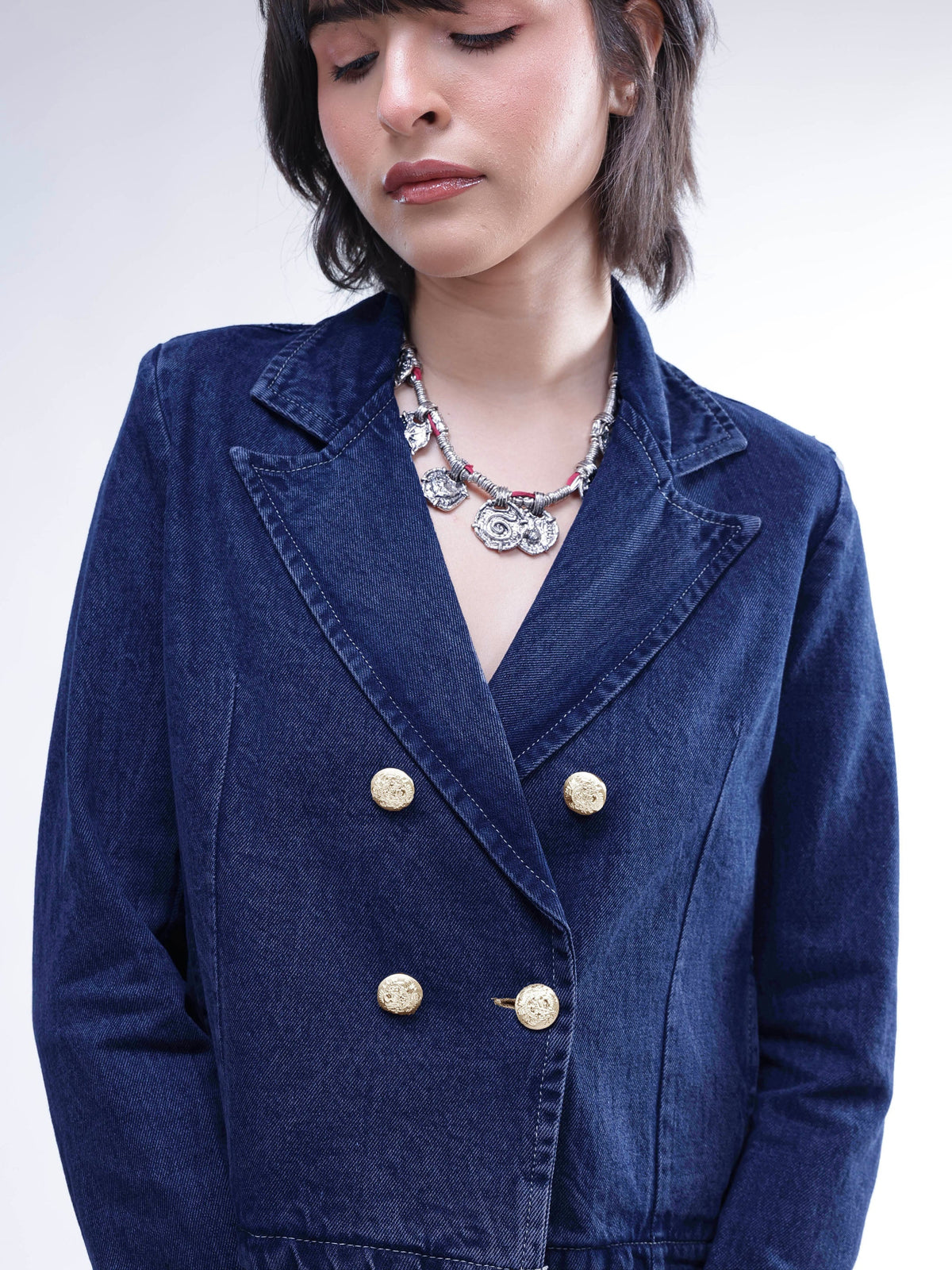 Navy Denim Notch Collar Crop Blazer -SASSAFRAS