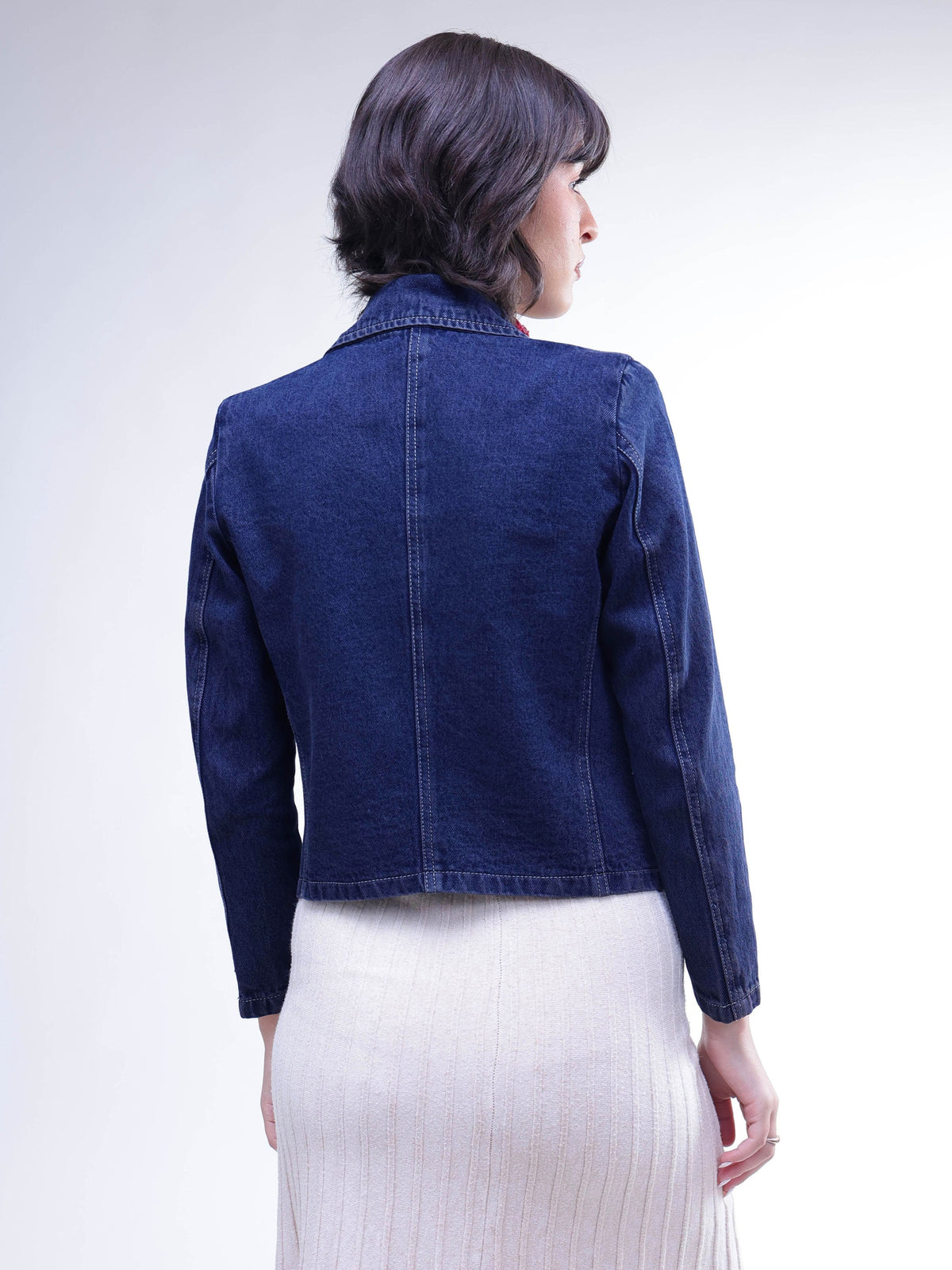 Navy Denim Notch Collar Crop Blazer -SASSAFRAS