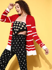 Women Red & White Striped Rib Front Open Shrug