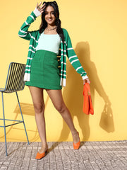 Women Green & White Striped Rib Front Open Shrug
