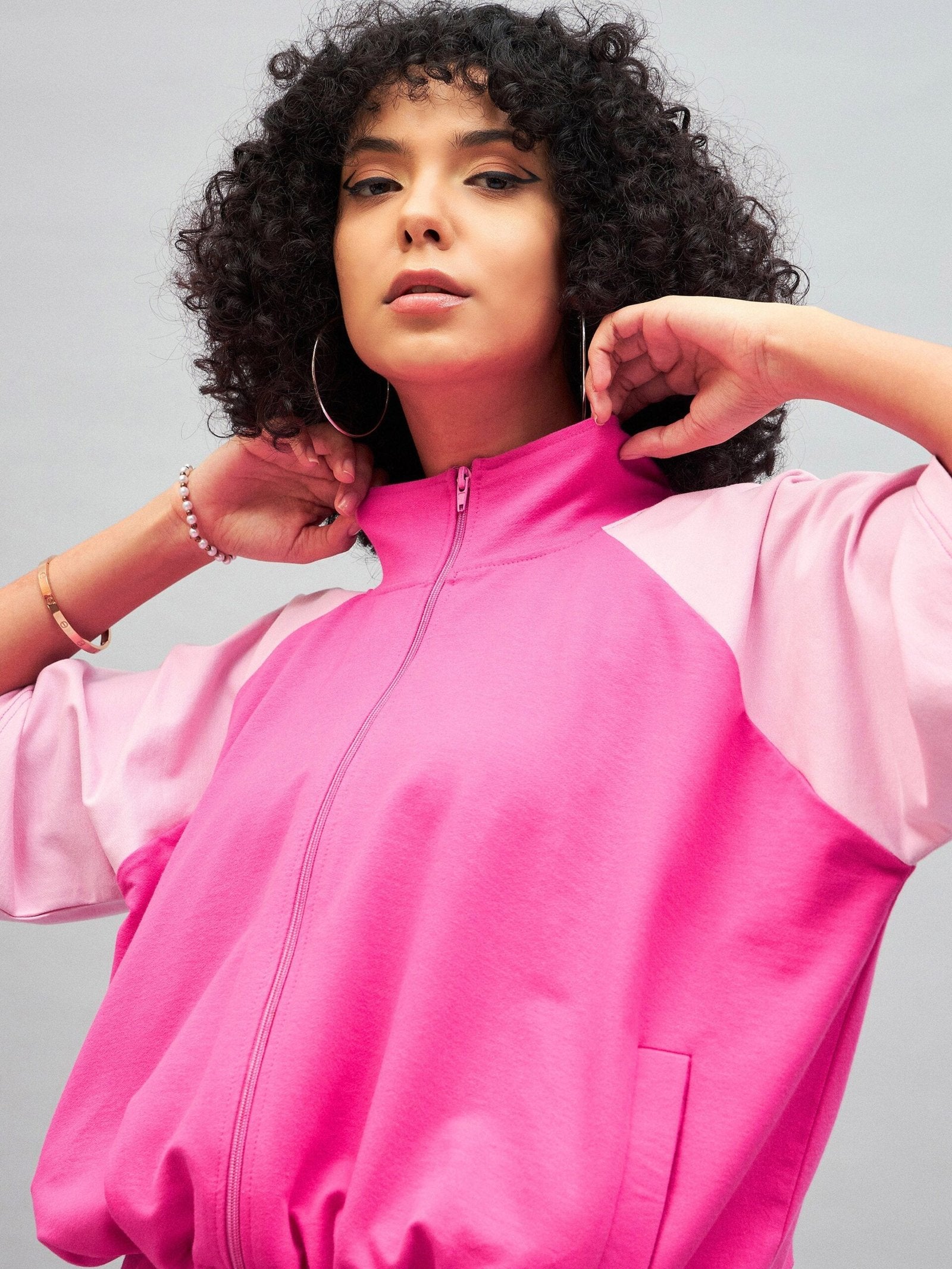 Women Pink Knitted Color Block Jacket Prasha Lifestyle
