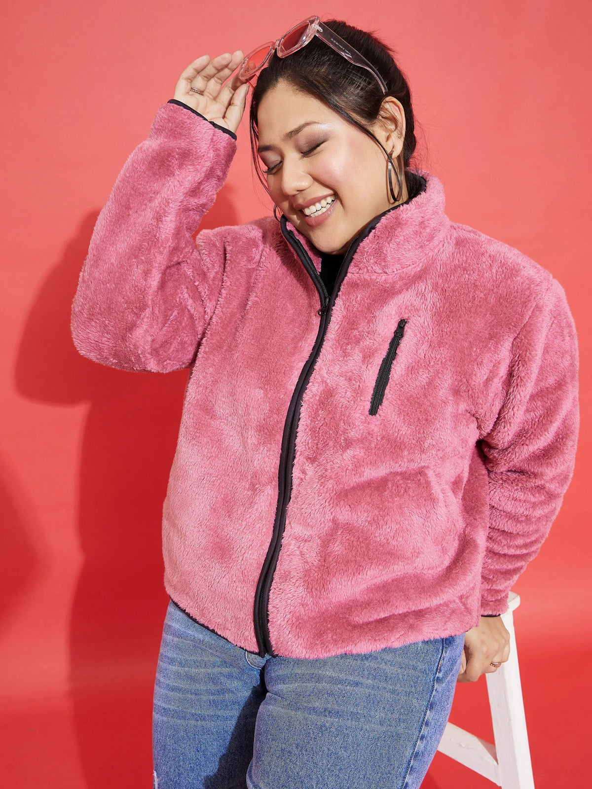 Women Fur Contrast Piping Zipper Jacket