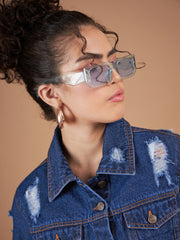 Women Ice Blue Distressed Denim Crop Jacket