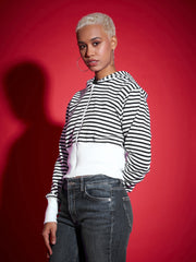 Women Black & White Striped Fleece Hooded Jacket