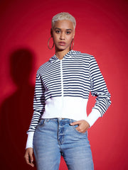 Women Navy & White Striped Fleece Hooded Jacket
