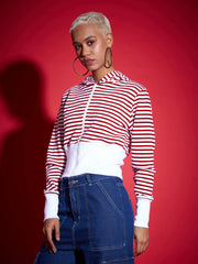 Women Red & White Striped Fleece Hooded Jacket