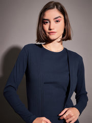 Women Navy Solid Rib Front Open Shrug