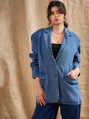 Women Denim Washed Oversized Notch Collar Blazer