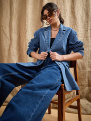 Women Denim Washed Oversized Notch Collar Blazer