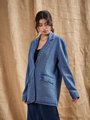 Women Denim Washed Oversized Notch Collar Blazer