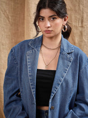 Women Denim Washed Oversized Notch Collar Blazer
