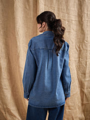 Women Denim Washed Oversized Notch Collar Blazer
