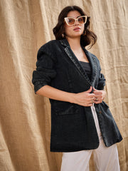 Women Denim Washed Oversized Notch Collar Blazer