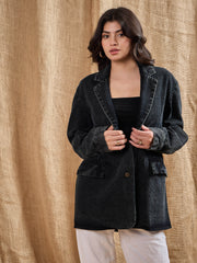 Women Denim Washed Oversized Notch Collar Blazer