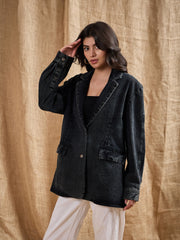 Women Denim Washed Oversized Notch Collar Blazer