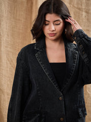 Women Denim Washed Oversized Notch Collar Blazer