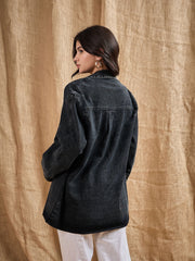 Women Denim Washed Oversized Notch Collar Blazer