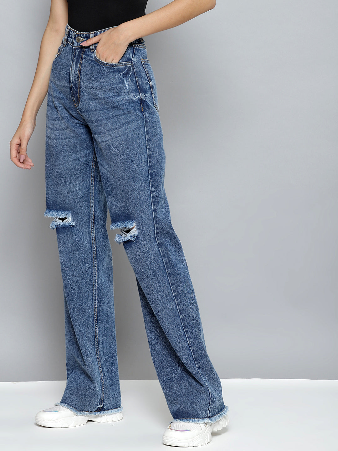 women ice blue wide leg distressed slit jeans sfjean0198