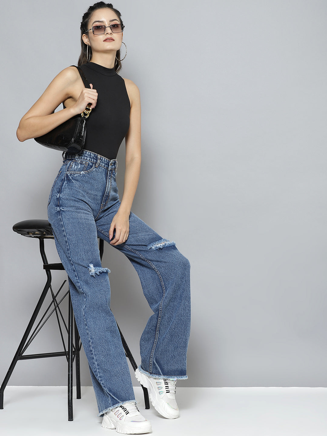 women ice blue wide leg distressed slit jeans sfjean0198