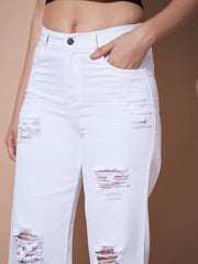 Women White Heavy Distress Straight Jeans