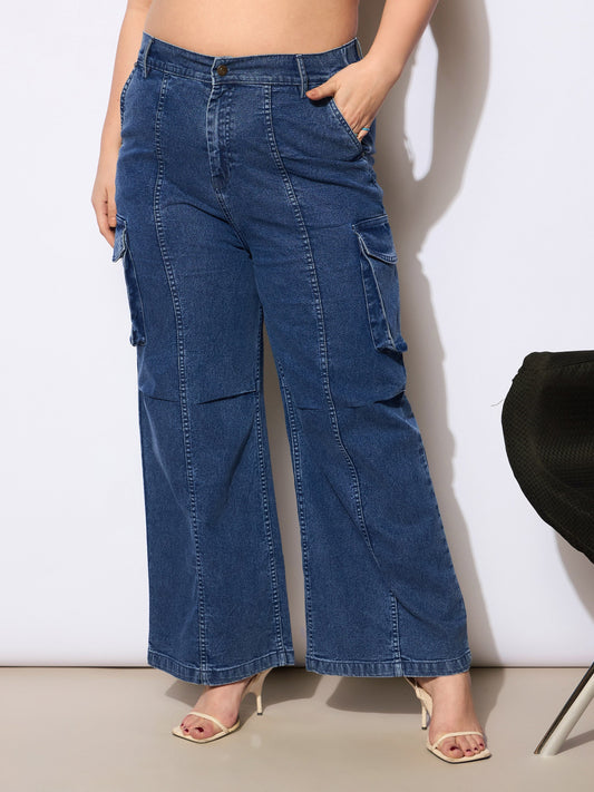 Women Navy Denim Front Seam Side Pockets Straight Jeans