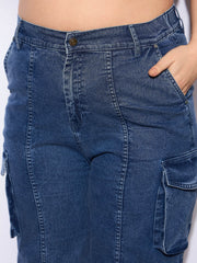 Women Navy Denim Front Seam Side Pockets Straight Jeans