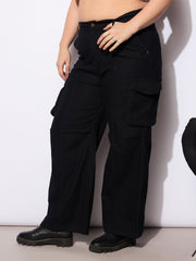 Women Black Denim Front Seam Side Pockets Straight Jeans