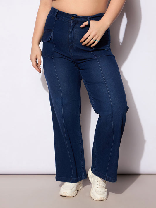 Women Blue Denim Front Seam Detail Straight Jeans