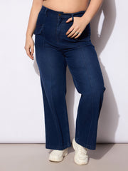 Women Blue Denim Front Seam Detail Straight Jeans