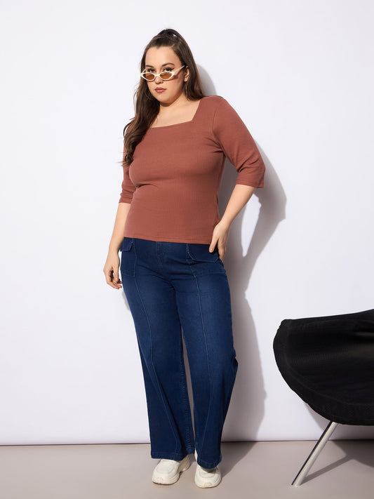Women Blue Denim Front Seam Detail Straight Jeans