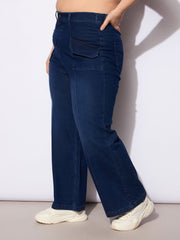 Women Blue Denim Front Seam Detail Straight Jeans
