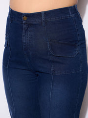 Women Blue Denim Front Seam Detail Straight Jeans