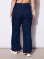 Women Blue Denim Front Seam Detail Straight Jeans