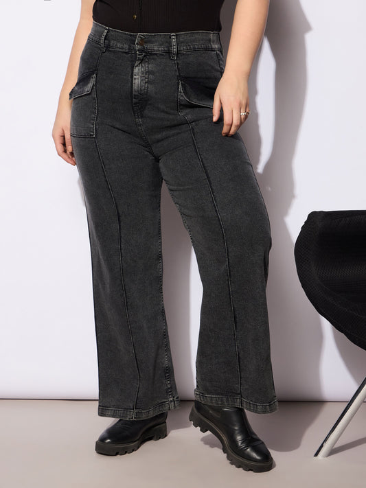 Women Black Denim Front Seam Detail Straight Jeans