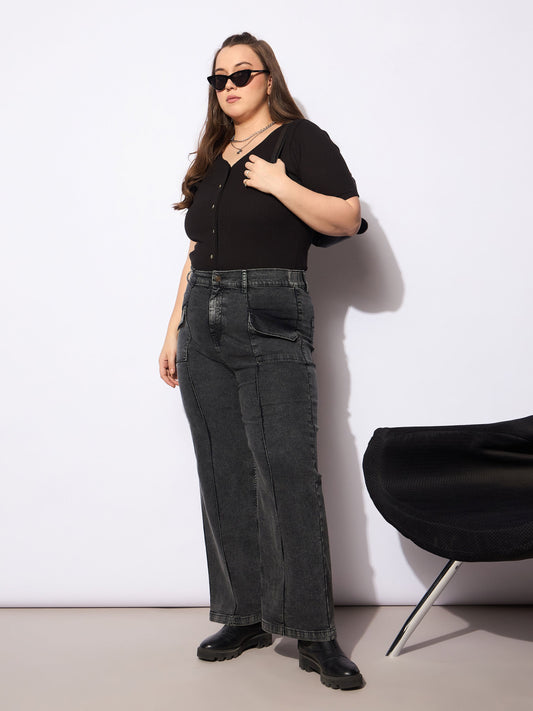 Women Black Denim Front Seam Detail Straight Jeans