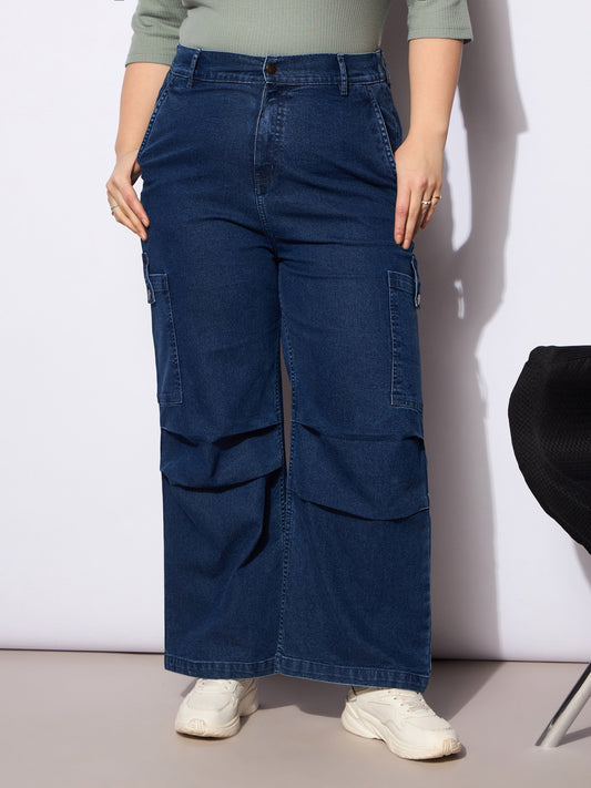Women Navy Denim Side Pockets Straight Jeans