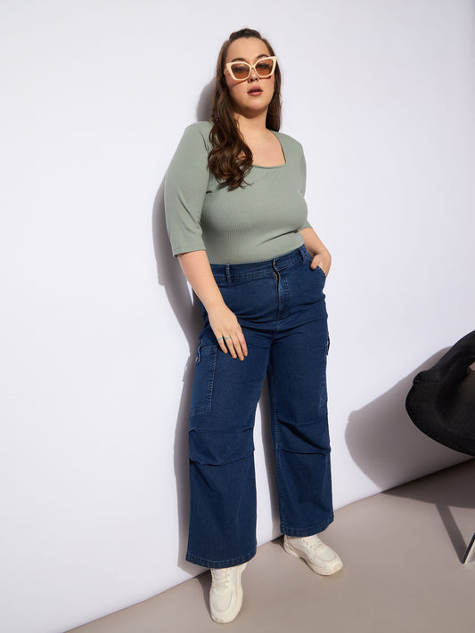 Women Navy Denim Side Pockets Straight Jeans