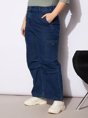 Women Navy Denim Side Pockets Straight Jeans
