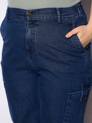 Women Navy Denim Side Pockets Straight Jeans
