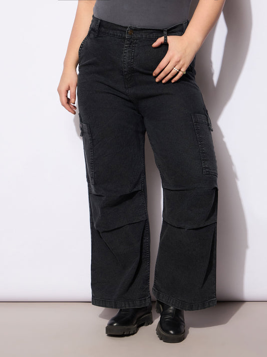Women Black Denim Side Pockets Straight Jeans