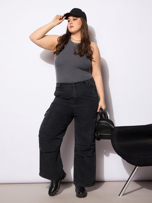 Women Black Denim Side Pockets Straight Jeans