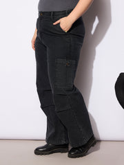 Women Black Denim Side Pockets Straight Jeans