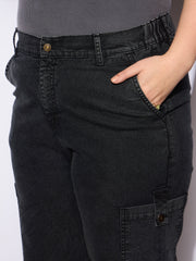 Women Black Denim Side Pockets Straight Jeans